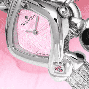 Romantische Armbanduhr für Frauen: La vie en rose: Stahlduhr mit 17 Saphiren roses, Luz Zifferblatt, vernickelte Hände, Goldcabochon, Silberarmband Cascade
