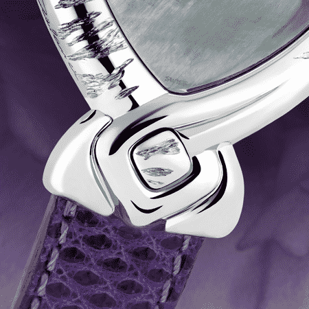 Besondere Uhr für besondere Frauen: Violet: Stahlduhr mit einer Amethyst, Perlmutter Zifferblatt, vernickelte Hände, Stahlcabochon, Armband aus Eidechse