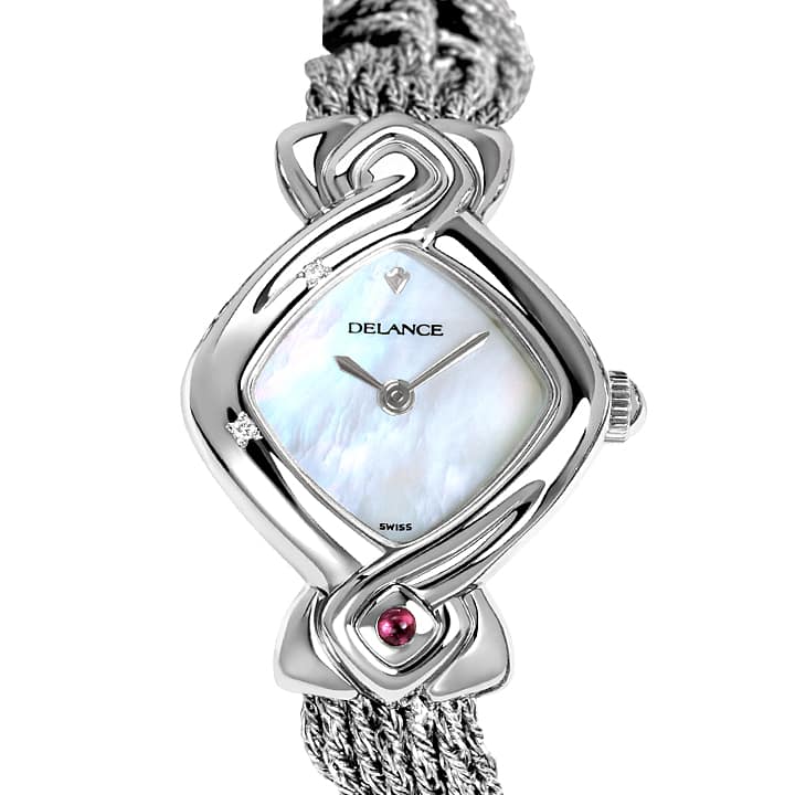 best watches for mom - Judith: Steel watch set with 2 diamonds, white mother-of-pearl dial, nickel-plated hands, steel cabochon with a ruby, silver cascade bracelet