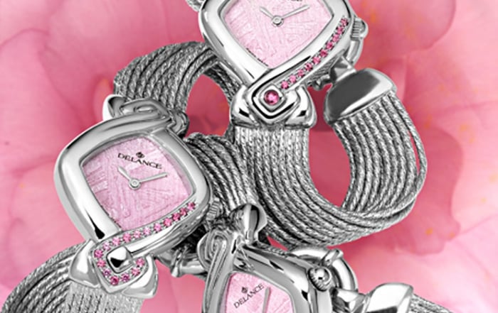 pink women watches - La vie en rose: Steel watch set with 17 pink sapphires, special pink luz dial, nickel-plated hands, gold cabochon, silver cascade bracelet
