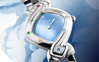 original womens watch - Feng Shui Ocean: Steel watch set with 7 precious stones, blue mother-of pearl dial, nickel-plated hands, steel cabochon with a sapphire in the form oof the star, steel links bracelet