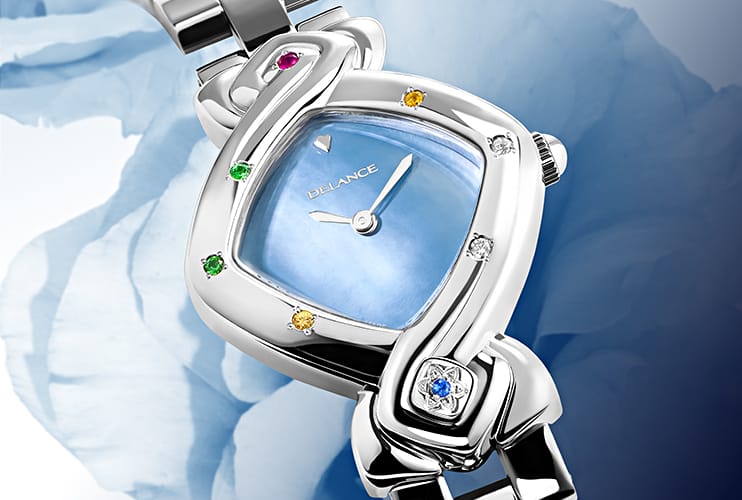original womens watch - Feng Shui Ocean: Steel watch set with 7 precious stones, blue mother-of pearl dial, nickel-plated hands, steel cabochon with a sapphire in the form oof the star, steel links bracelet