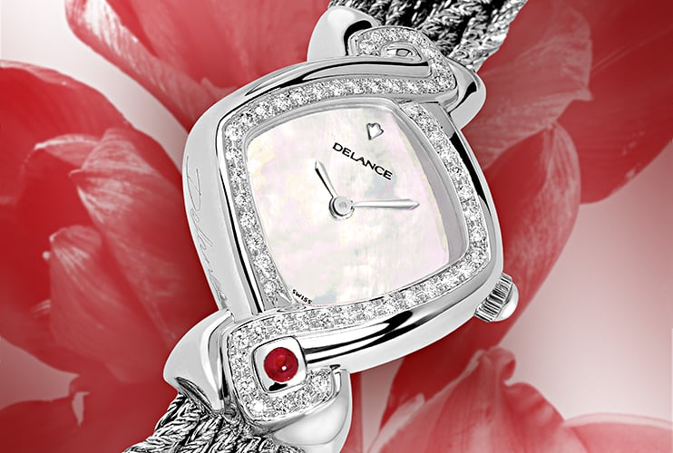 luxury wrist watches for women - Infinity steel cascade: Steel watch set with 50 diamonds, white mother-of pearl dial, nickel-plated hands, steel cabochon with a ruby, silver cascade bracelet