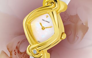 White watches for women - Orchidée: Gold watch, white mother-of-pearl dial, gold-plated hands, gold cabochon with a opal, white alligator strap
