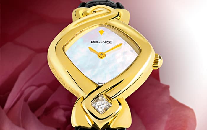 feminine wrist watches - Simplicity Princesse: Gold watch, white mother-of pearl dial, gold-plated hands, gold cabochon with a diamond, black alligator strap