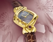 Golduhr perlmutter zifferblatt blau graviert alligator band