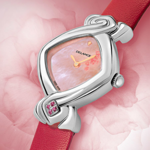 Anae, steel watch for ladies with a pink mother of pearldial, decorated with a pink flower, 4 pink sapphiren at 6, pink fuschia leatherstrap, Swissmade, waterpr