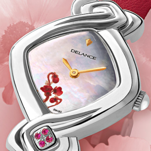 Florencia, steel watch for ladies with a white mother of pearldial, decorated with a pink flower, 4 pink sapphiren at 6, red leatherstrap, Swissmade, waterproof