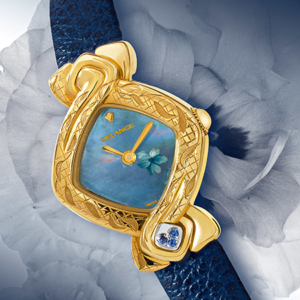 Fang Yin, handengraved gold watch with leather strap, decorated mother of pearl dial, Swissmade