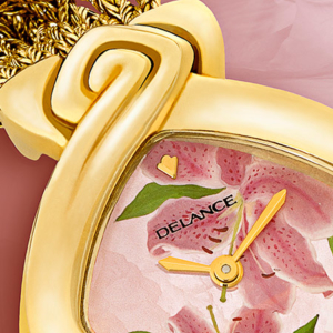 Flora, goldwatch with gold bracelet, one ruby, motherofpearldial decorated, Swissmade, waterproof, chockresistant