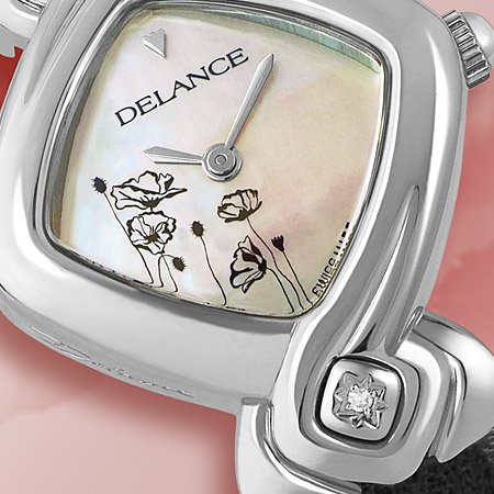 Papavero, montre femme en acier, cadran nacre blanche, un diamant, bracelet de cuir noir